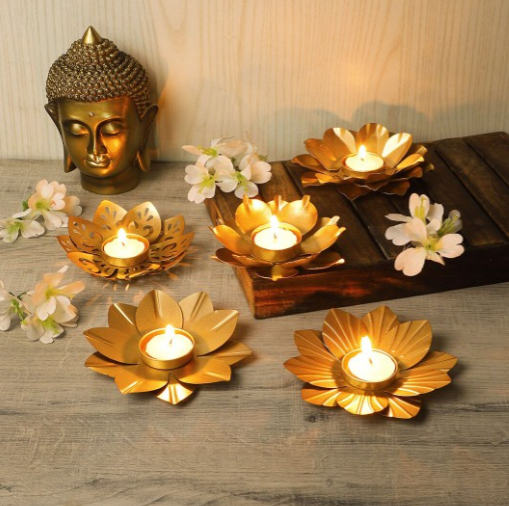 Set of 5 Gold-Toned Flower Shape Tealight Holders for Diwali 2025 | Metal Floral Indian Pooja Home Decor